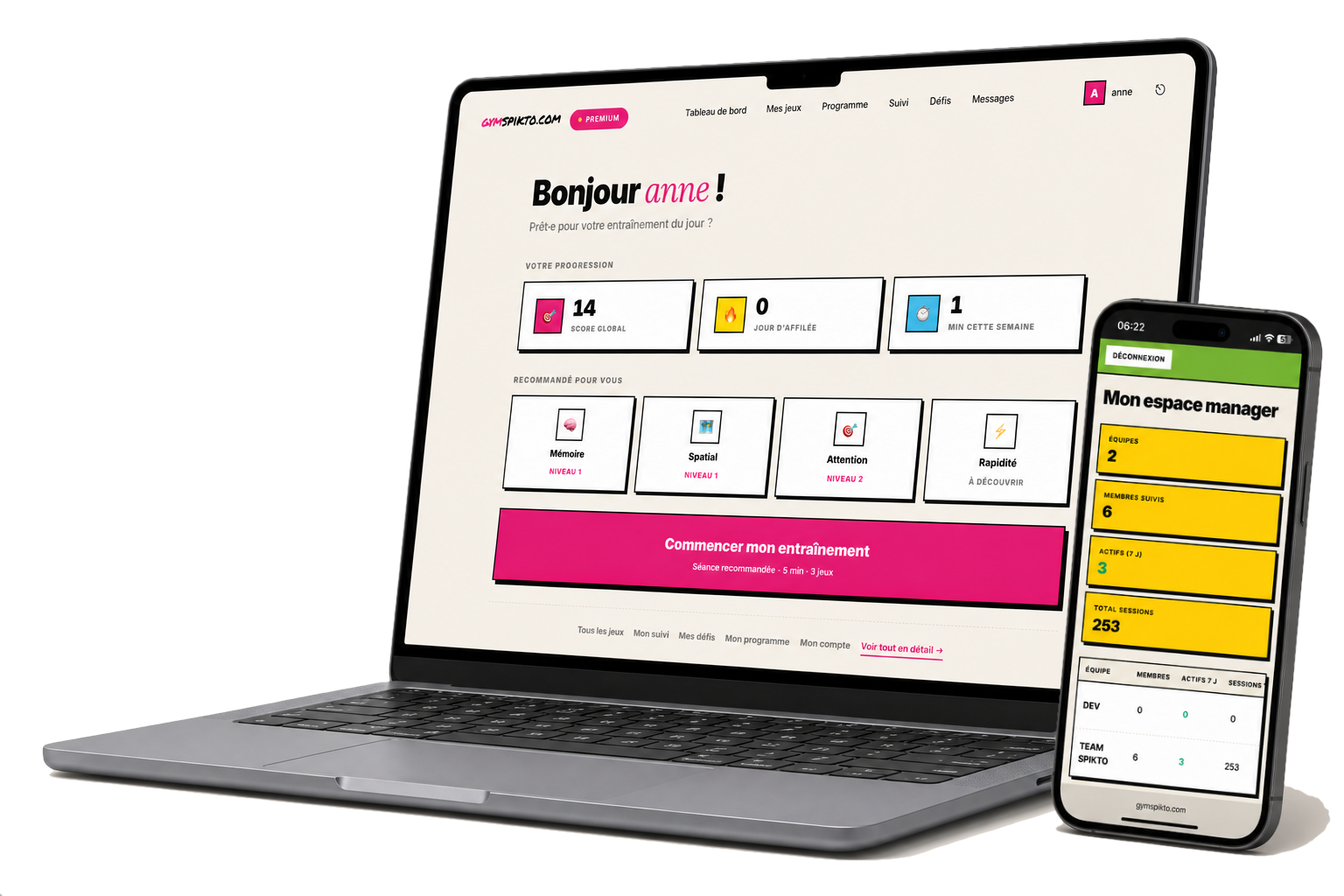 L'application spiKto sur ordinateur (espace membre) et mobile (tableau de bord manager)